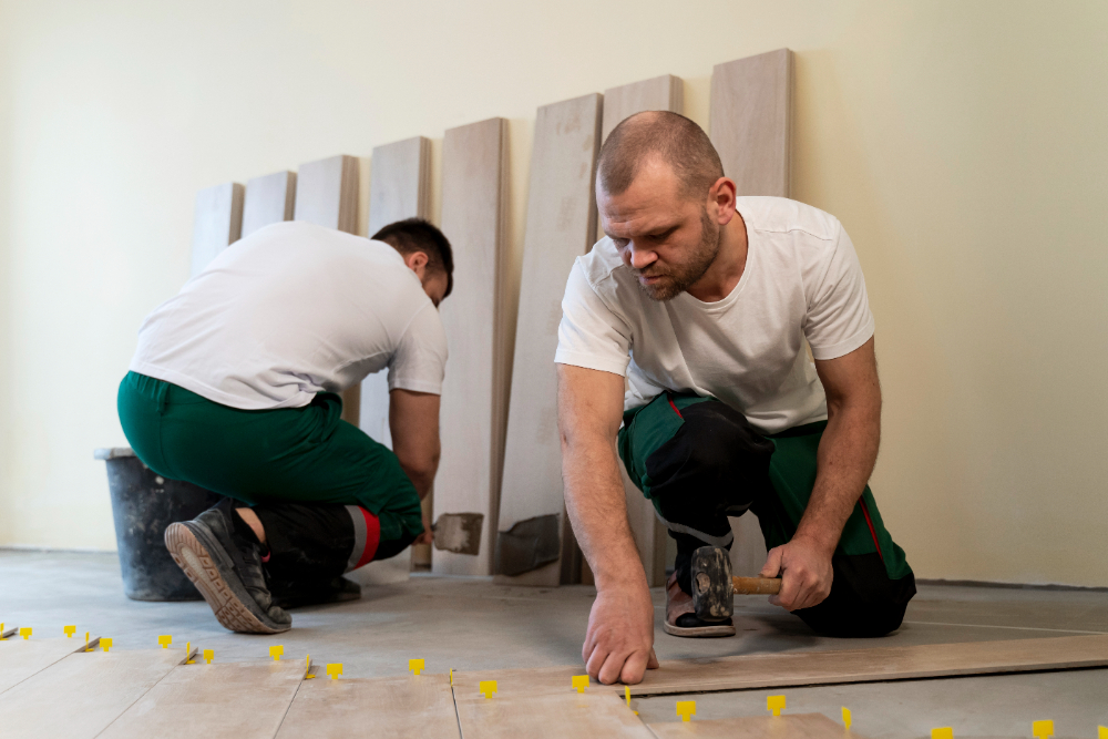 Two professionals collaborating on the installation of a wooden floor, emphasizing quality work by Affordable Tile and Hardwood Flooring.