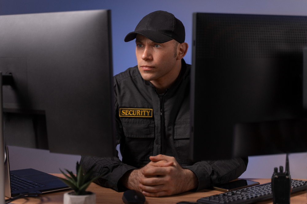 A man in a black uniform sits at a desk with two computer monitors, overseeing surveillance services for various situations.