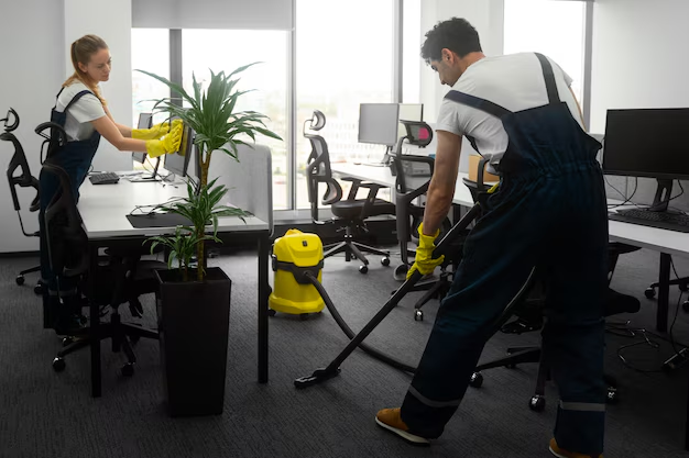 Professional cleaning service team cleaning a modern living room with attention to detail.