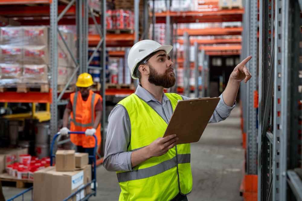 A worker in a warehouse working with warehousing racks