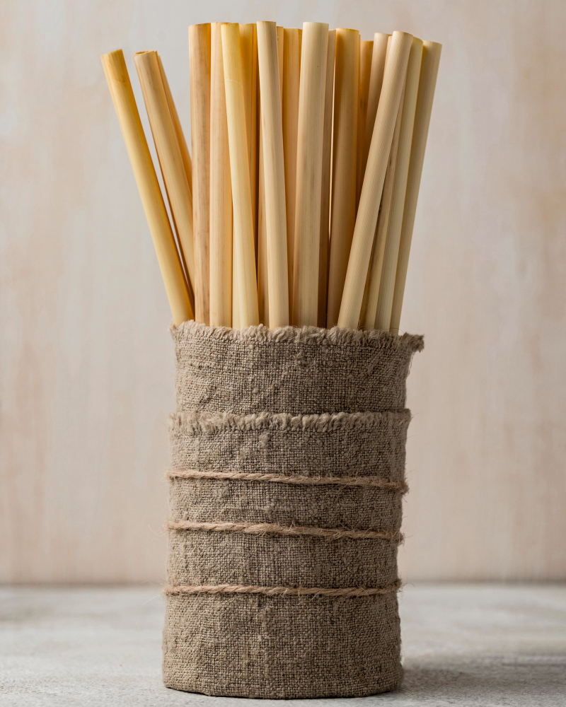 A bundle of bamboo straws in a bag, emphasizing biodegradable alternatives for eco-friendly living in New York.
