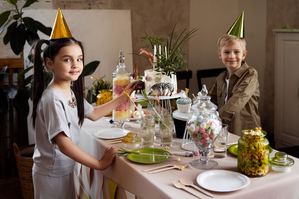 Two children gather around a table, delighting in food and drinks during a creatively themed birthday party.