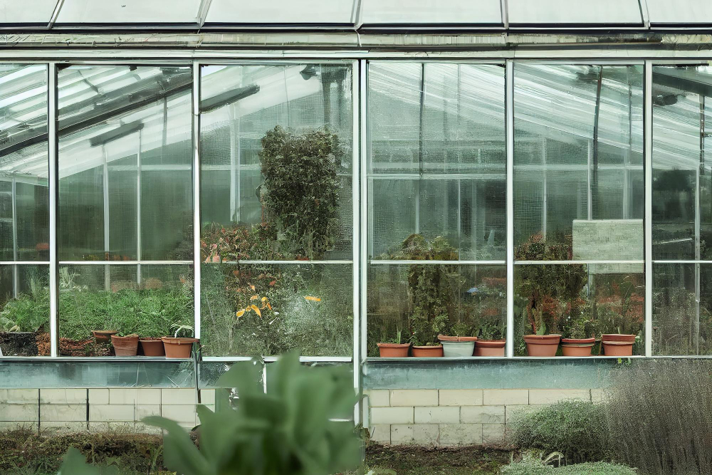 A greenhouse made of aluminum, filled with potted plants in the windows, ideal for use throughout the year.
