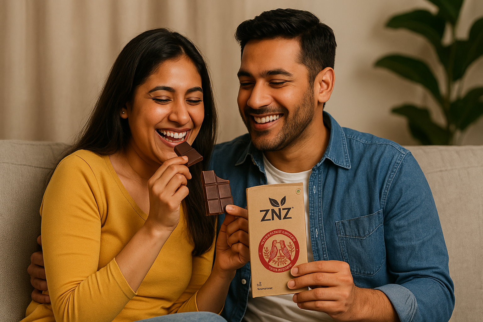 Couple smiling while enjoying chocolate on the couch