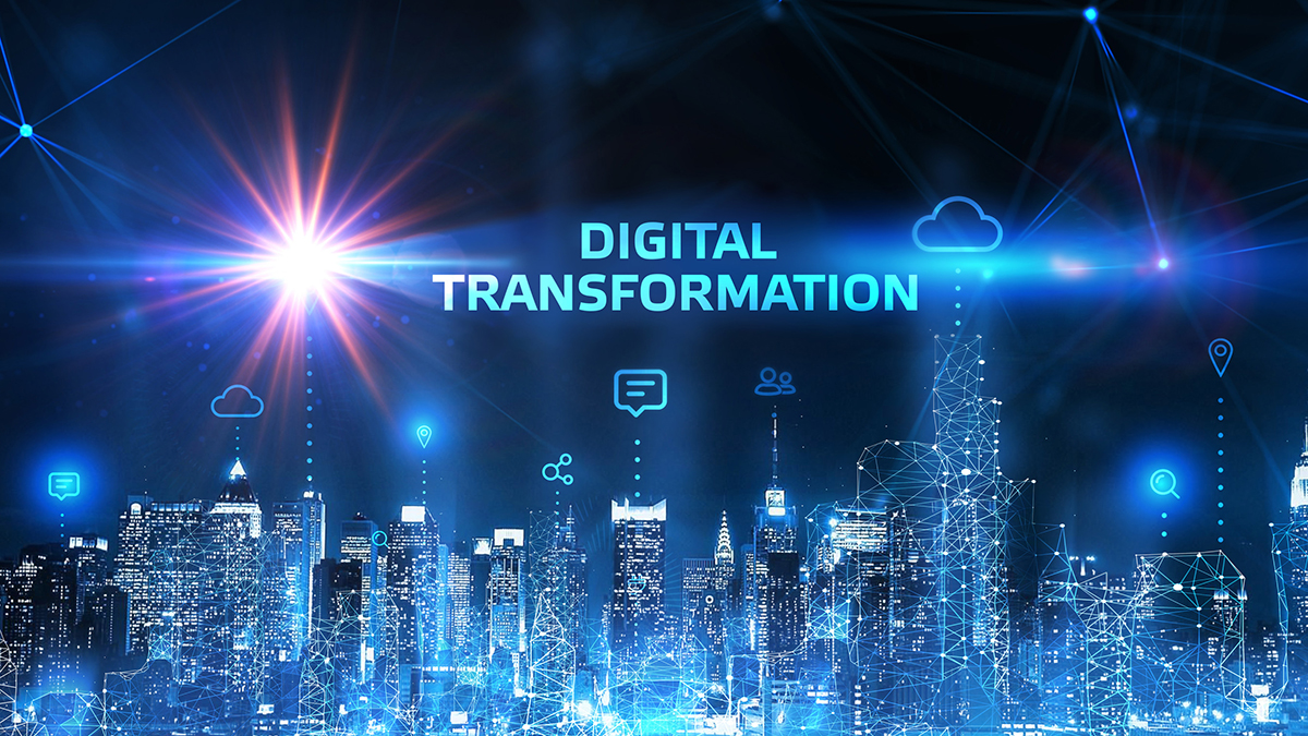 Digitalization Future concept showing modern city skyline with connected digital networks and innovative technology icons representing digital transformation.