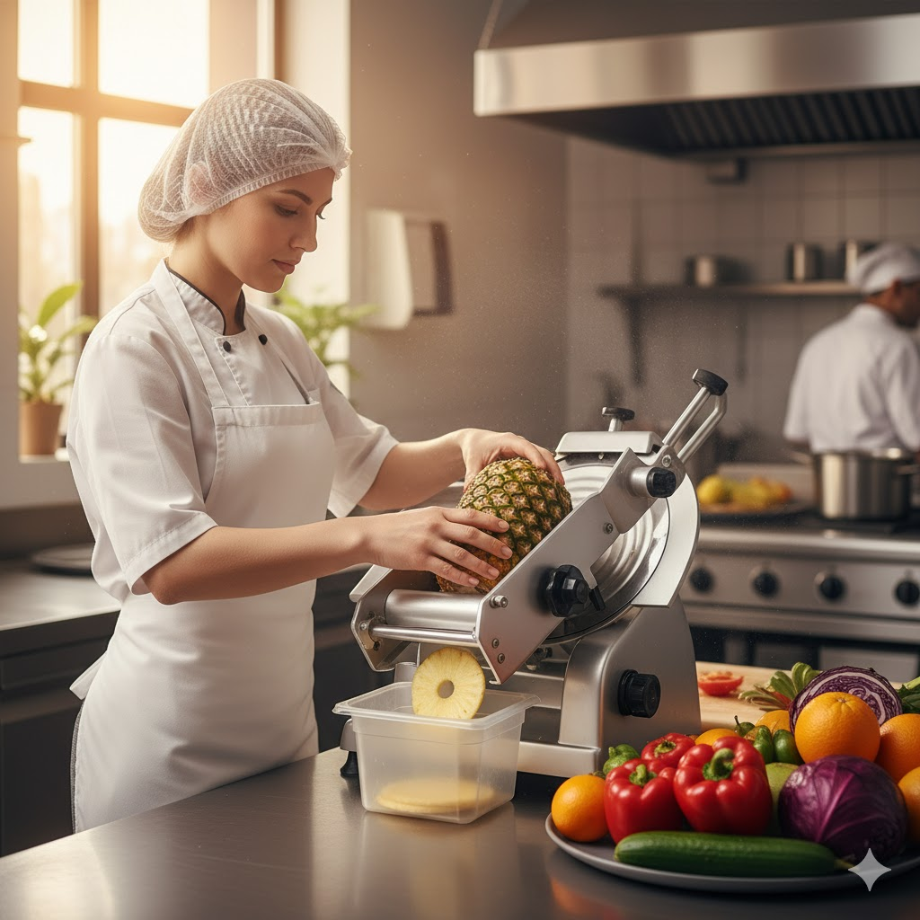 woman using a slicer machine to cut fruits and vegetables